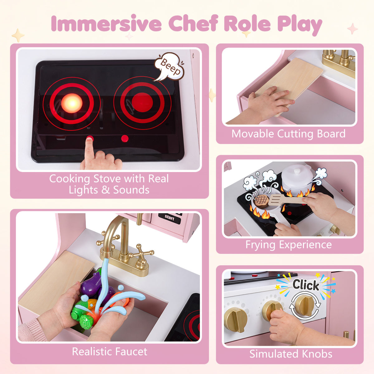 Wooden Play Kitchen with Lights & Sounds and Sink Stove Oven for Kids Ages 3+-Pink view 7