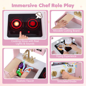 Wooden Play Kitchen with Lights & Sounds and Sink Stove Oven for Kids Ages 3+-Pink view 7