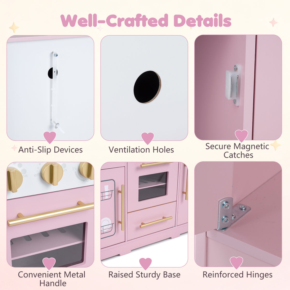 Wooden Play Kitchen with Lights & Sounds and Sink Stove Oven for Kids Ages 3+-Pink view 8