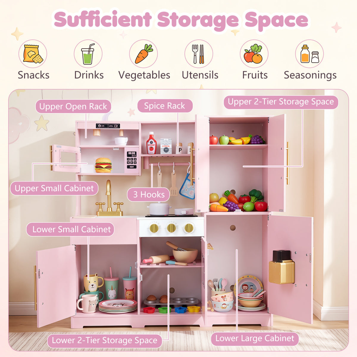 Wooden Play Kitchen with Lights & Sounds and Sink Stove Oven for Kids Ages 3+-Pink view 9