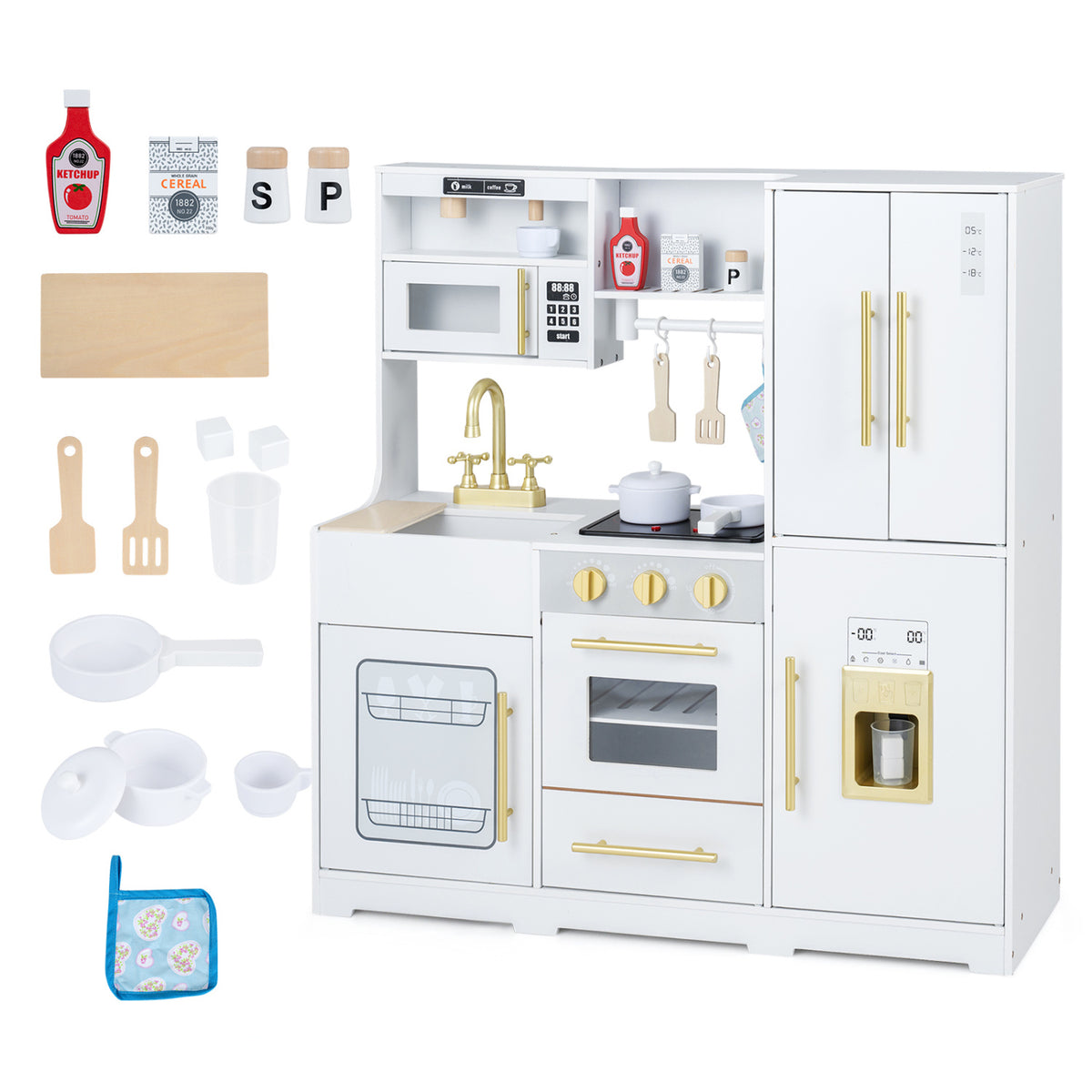 Wooden Play Kitchen with Lights & Sounds and Sink Stove Oven for Kids Ages 3+-White