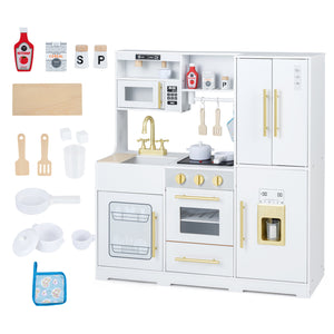 Wooden Play Kitchen with Lights & Sounds and Sink Stove Oven for Kids Ages 3+-White