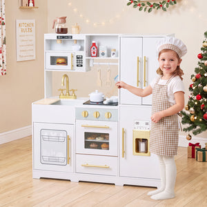 Wooden Play Kitchen with Lights & Sounds and Sink Stove Oven for Kids Ages 3+-White view 3