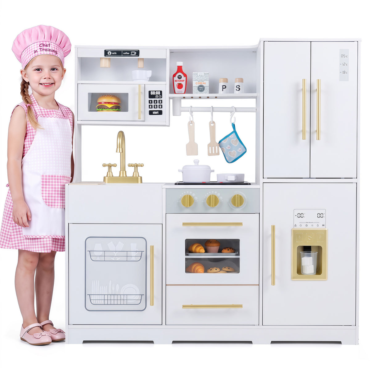 Wooden Play Kitchen with Lights & Sounds and Sink Stove Oven for Kids Ages 3+-White view 4