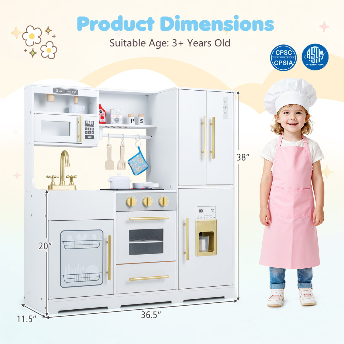 Wooden Play Kitchen with Lights & Sounds and Sink Stove Oven for Kids Ages 3+-White view 5
