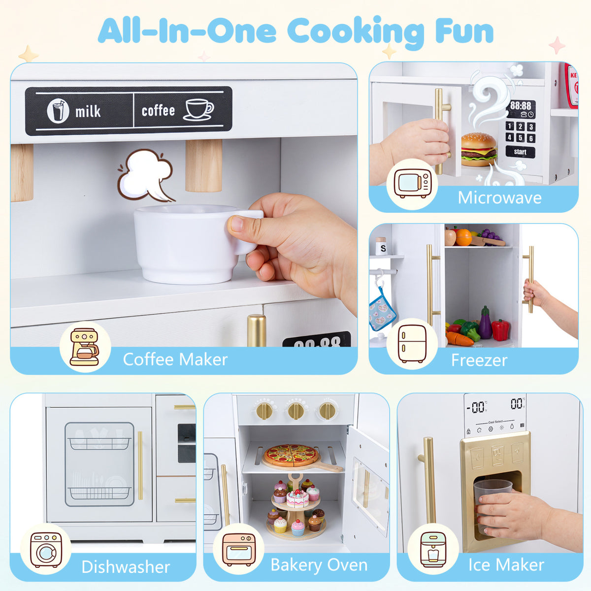 Wooden Play Kitchen with Lights & Sounds and Sink Stove Oven for Kids Ages 3+-White view 6