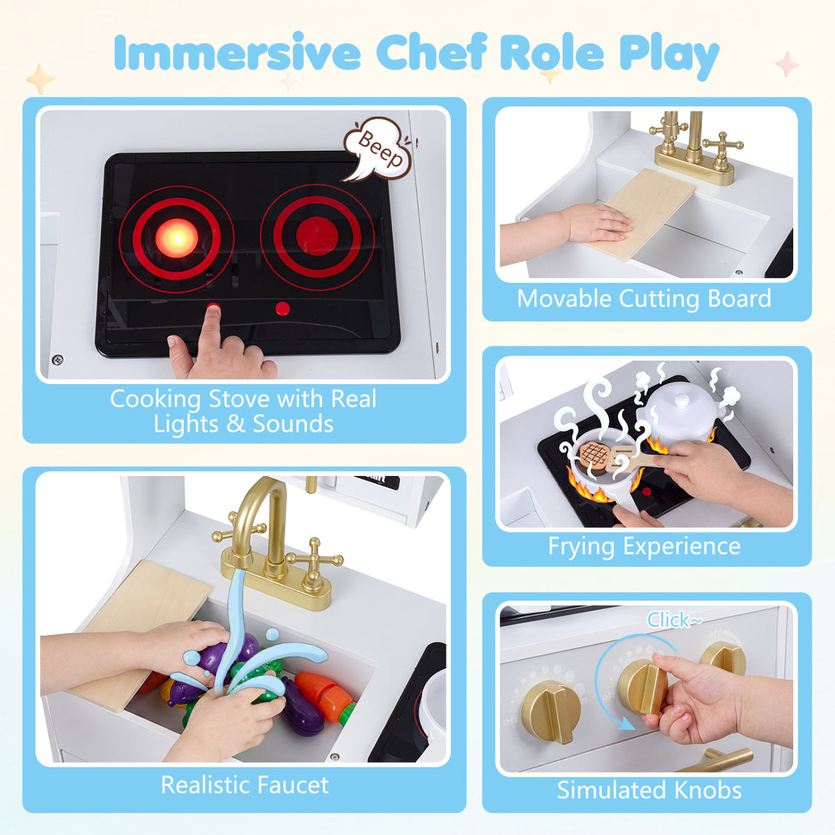 Wooden Play Kitchen with Lights & Sounds and Sink Stove Oven for Kids Ages 3+-White view 7