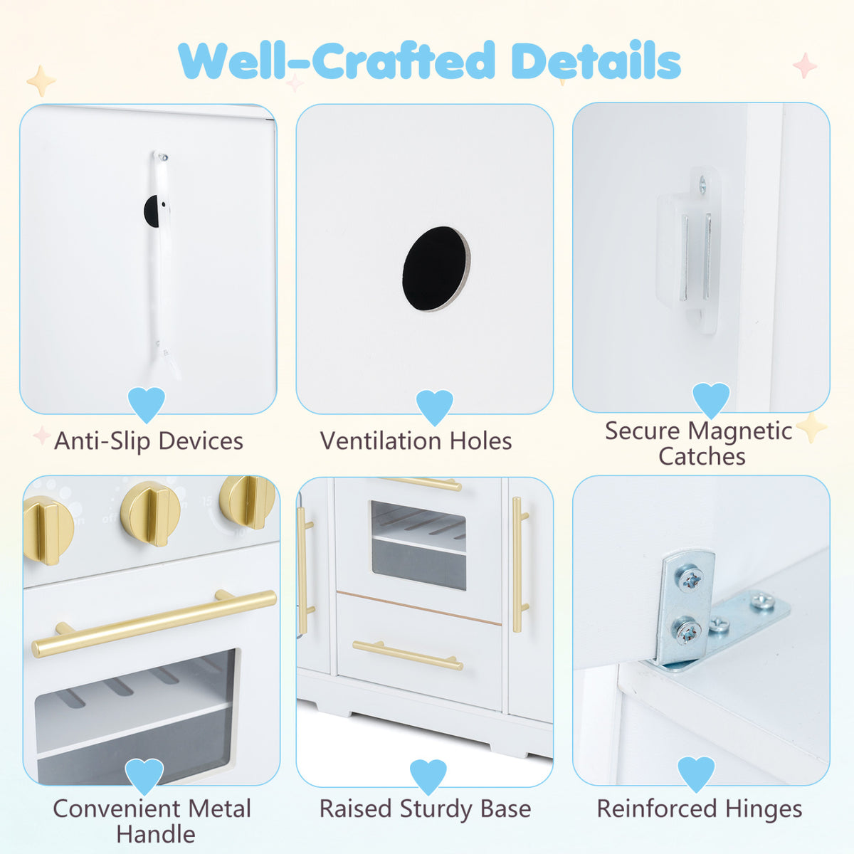 Wooden Play Kitchen with Lights & Sounds and Sink Stove Oven for Kids Ages 3+-White view 8