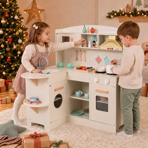 Wooden Play Kitchen with Lights & Sounds and Stove Microwave Sink for Ages 3+-White view 2