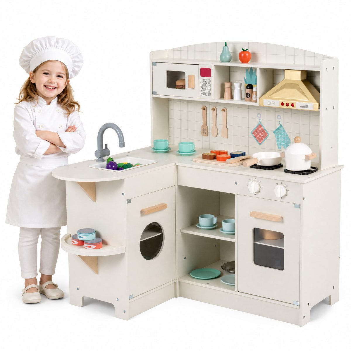 Wooden Play Kitchen with Lights & Sounds and Stove Microwave Sink for Ages 3+-White view 3