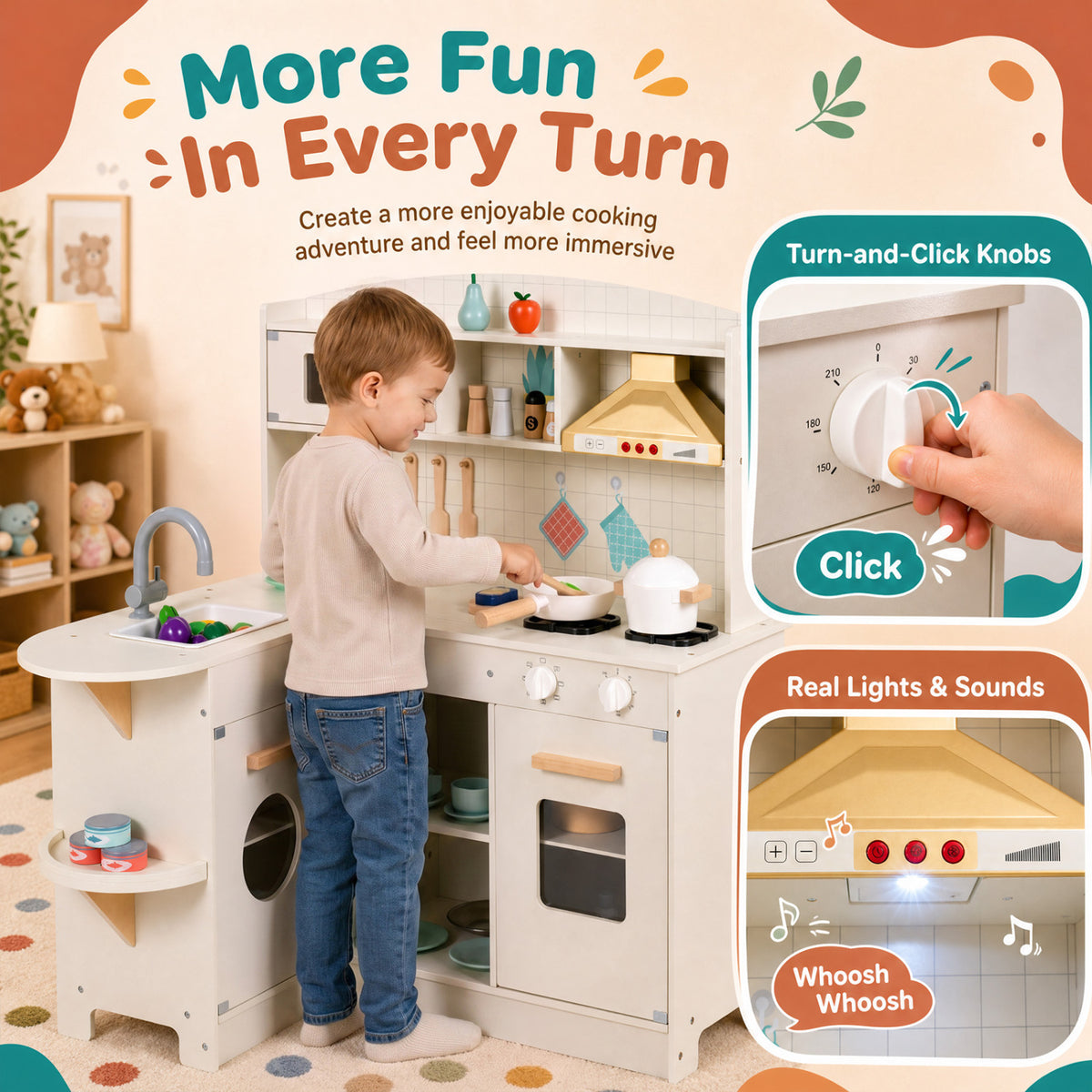 Wooden Play Kitchen with Lights & Sounds and Stove Microwave Sink for Ages 3+-White view 5