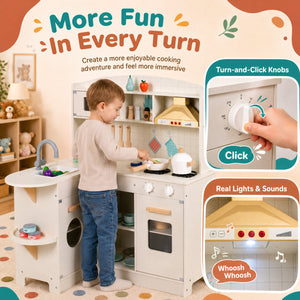 Wooden Play Kitchen with Lights & Sounds and Stove Microwave Sink for Ages 3+-White view 5