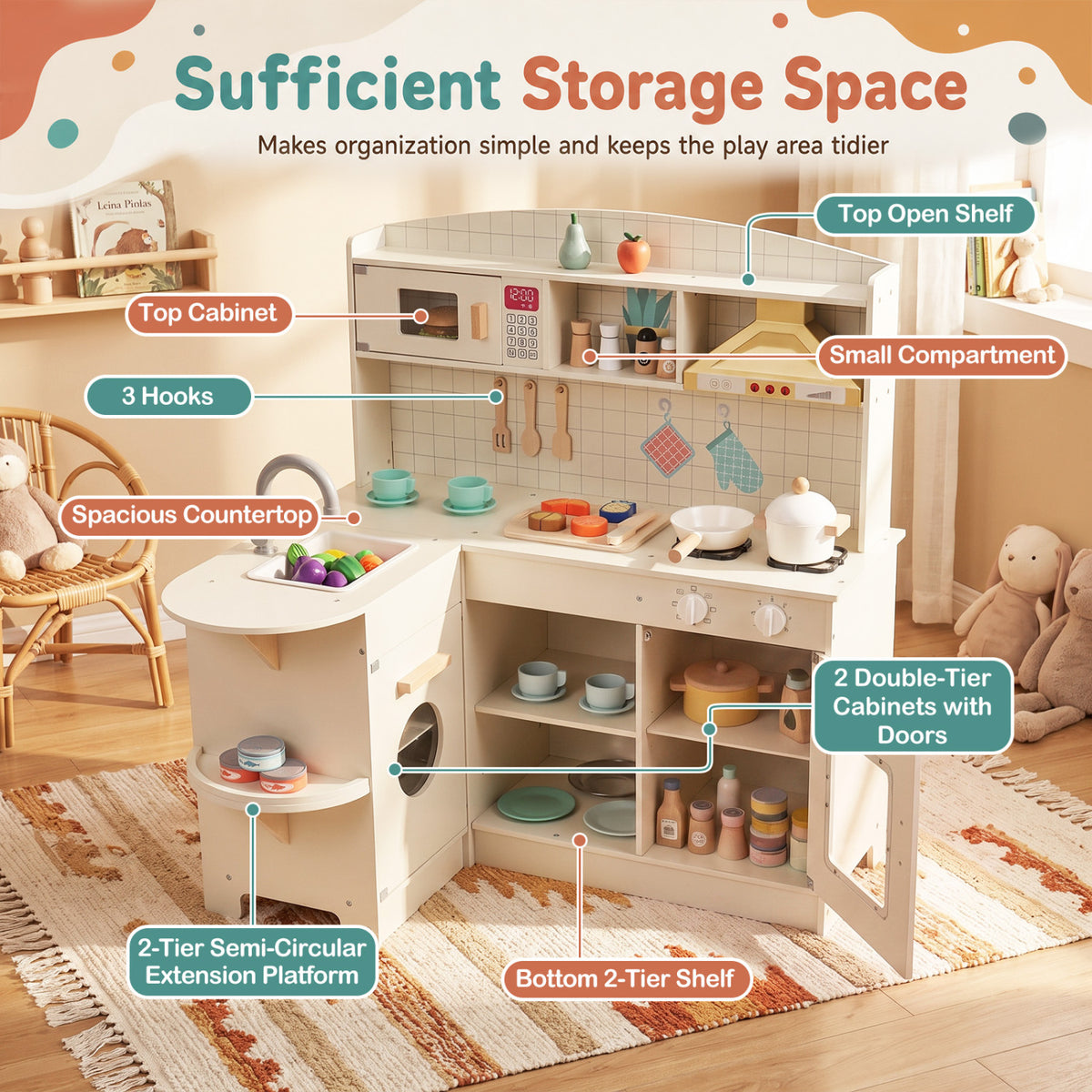 Wooden Play Kitchen with Lights & Sounds and Stove Microwave Sink for Ages 3+-White view 6