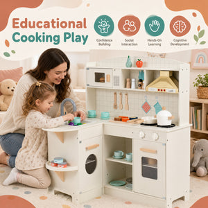 Wooden Play Kitchen with Lights & Sounds and Stove Microwave Sink for Ages 3+-White view 7