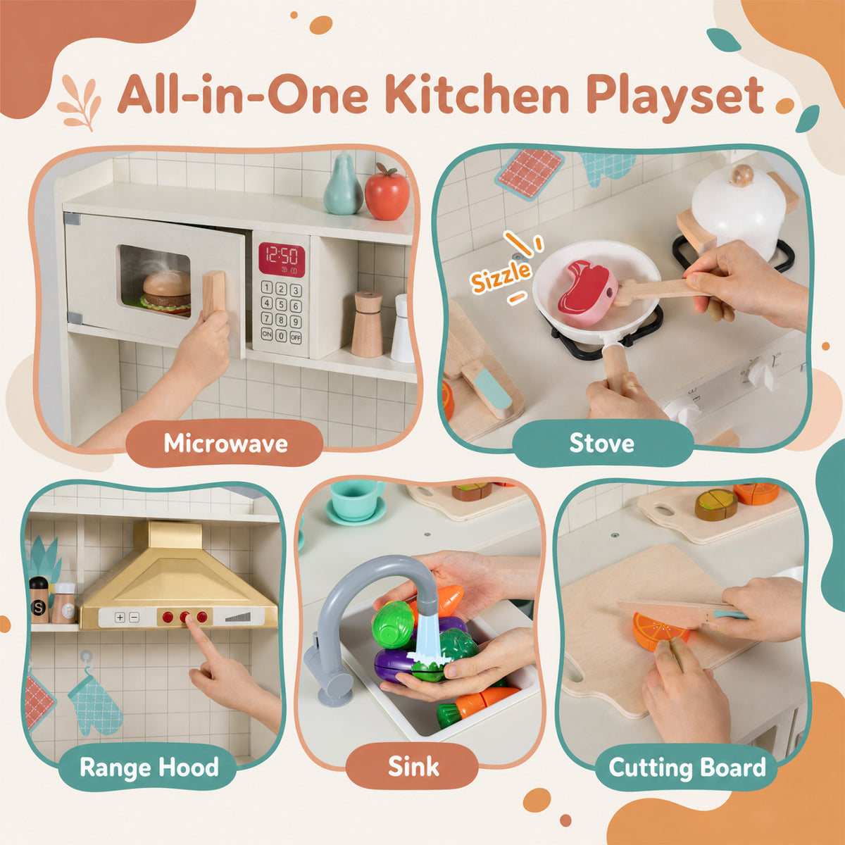 Wooden Play Kitchen with Lights & Sounds and Stove Microwave Sink for Ages 3+-White view 8