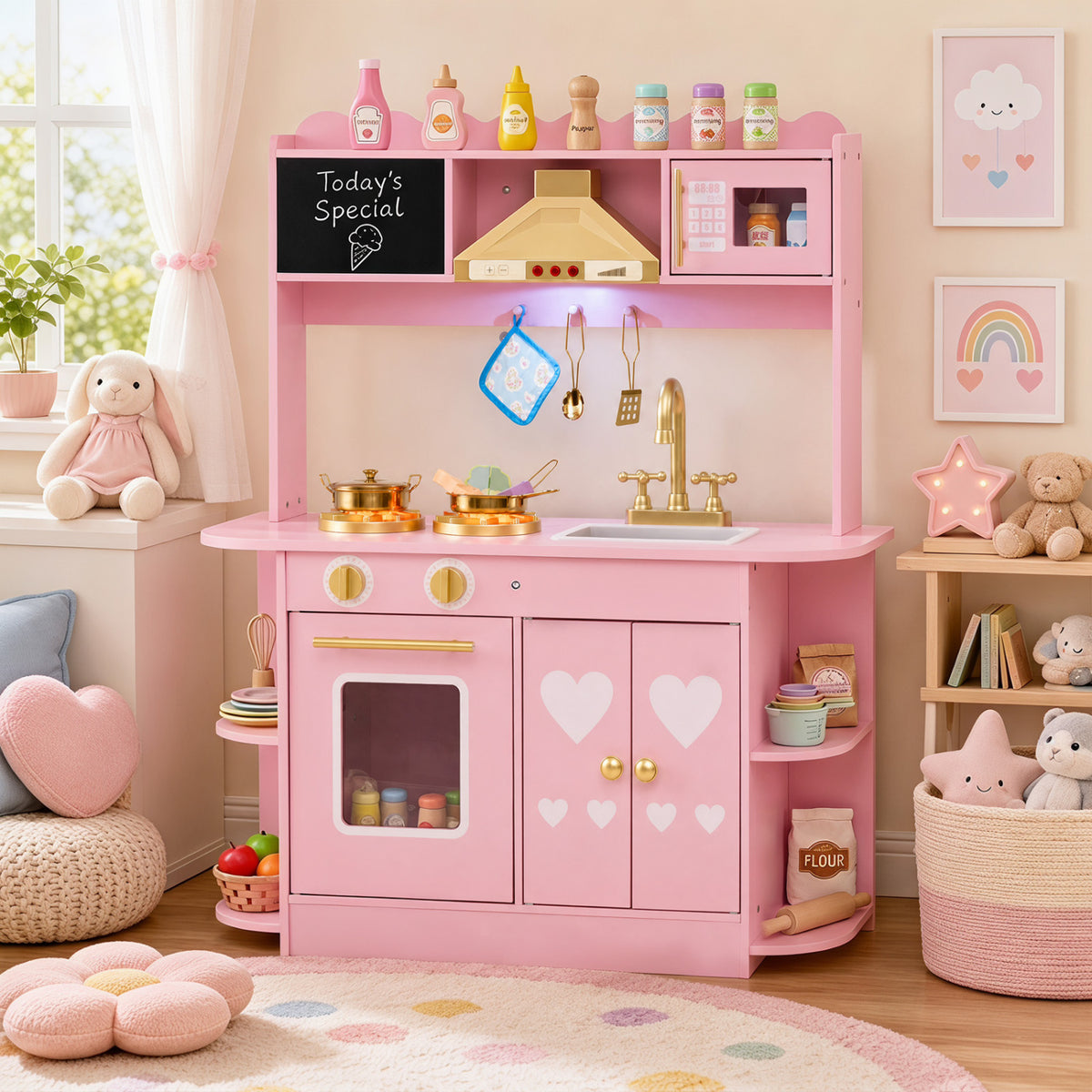 Wooden Play Kitchen with Lights & Sounds and Stove Oven for Toddlers Ages 3+-Pink view 2