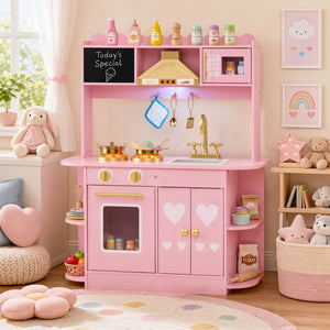 Wooden Play Kitchen with Lights & Sounds and Stove Oven for Toddlers Ages 3+-Pink view 2