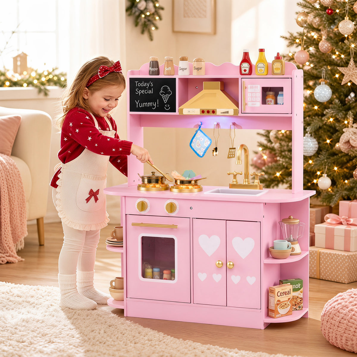 Wooden Play Kitchen with Lights & Sounds and Stove Oven for Toddlers Ages 3+-Pink view 3