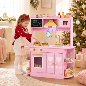 Wooden Play Kitchen with Lights & Sounds and Stove Oven for Toddlers Ages 3+-Pink view 3