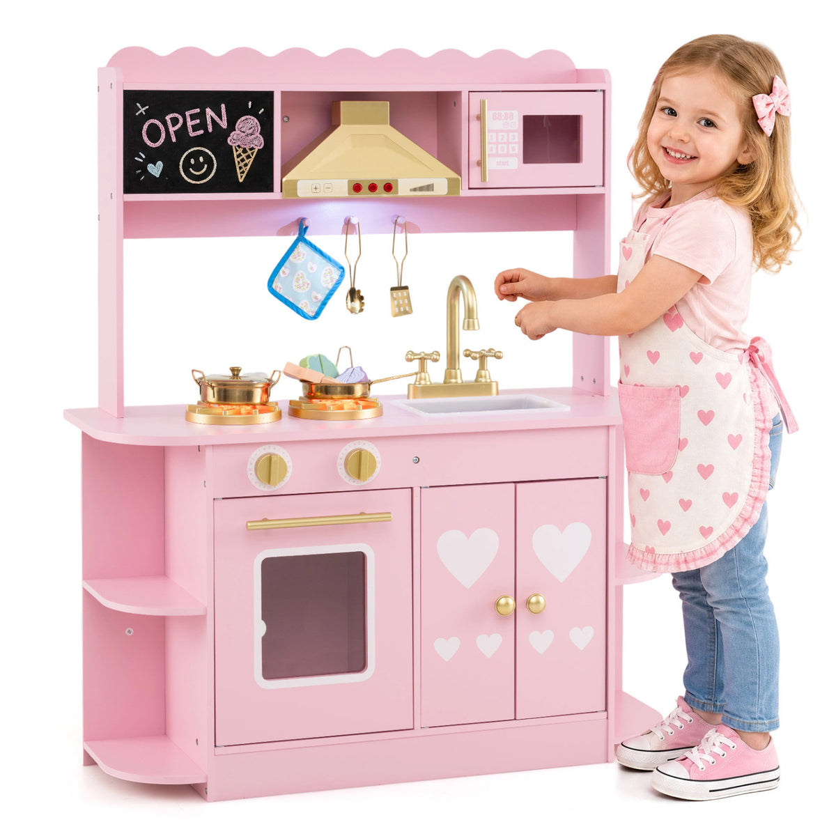 Wooden Play Kitchen with Lights & Sounds and Stove Oven for Toddlers Ages 3+-Pink view 4
