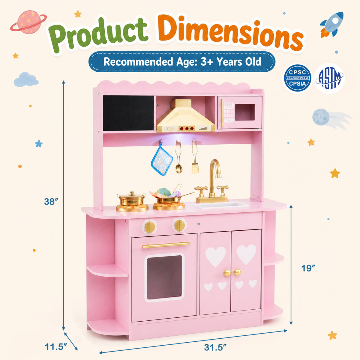 Wooden Play Kitchen with Lights & Sounds and Stove Oven for Toddlers Ages 3+-Pink view 5