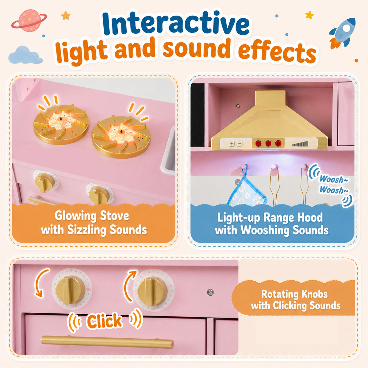 Wooden Play Kitchen with Lights & Sounds and Stove Oven for Toddlers Ages 3+-Pink view 7