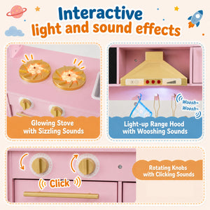 Wooden Play Kitchen with Lights & Sounds and Stove Oven for Toddlers Ages 3+-Pink view 7