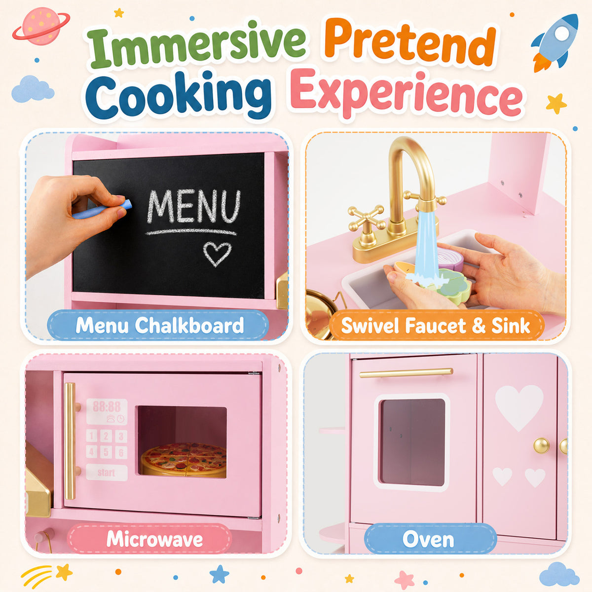 Wooden Play Kitchen with Lights & Sounds and Stove Oven for Toddlers Ages 3+-Pink view 8