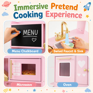 Wooden Play Kitchen with Lights & Sounds and Stove Oven for Toddlers Ages 3+-Pink view 8