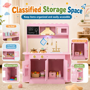 Wooden Play Kitchen with Lights & Sounds and Stove Oven for Toddlers Ages 3+-Pink view 9