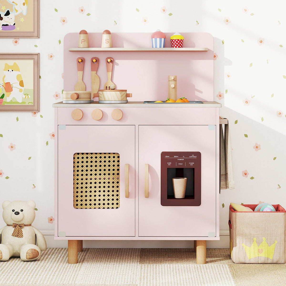 Wooden Pretend Kitchen Playset with Realistic Ice Maker-Pink view 3