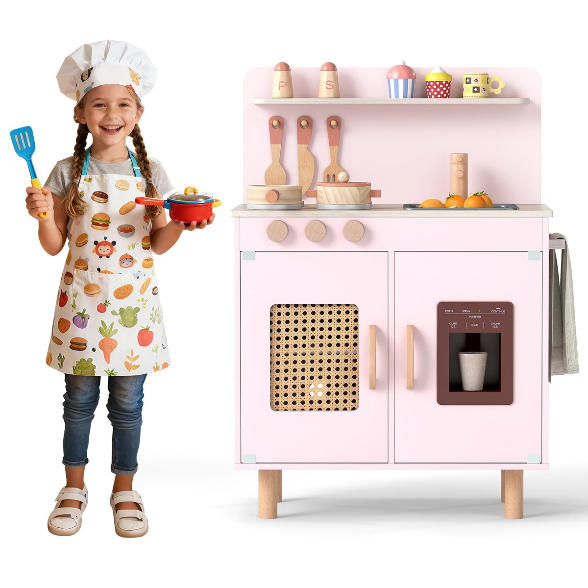 Wooden Pretend Kitchen Playset with Realistic Ice Maker-Pink view 4