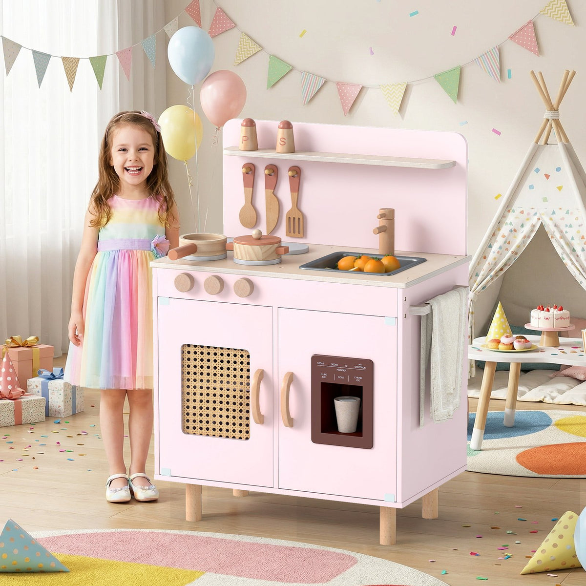 Wooden Pretend Kitchen Playset with Realistic Ice Maker-Pink view 6