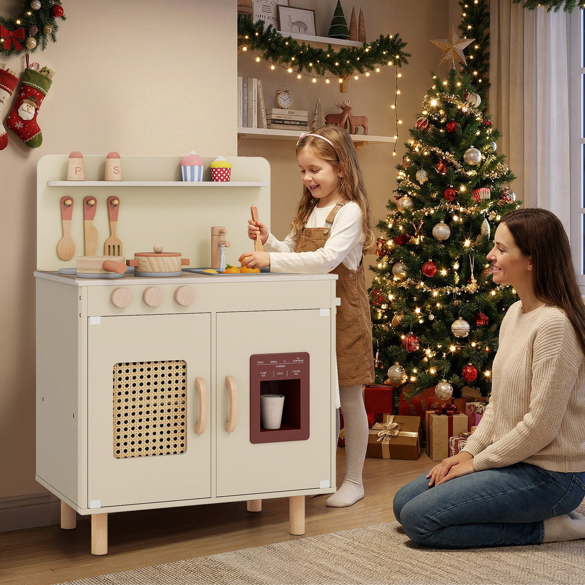 Wooden Pretend Kitchen Playset with Realistic Ice Maker-Yellow view 2