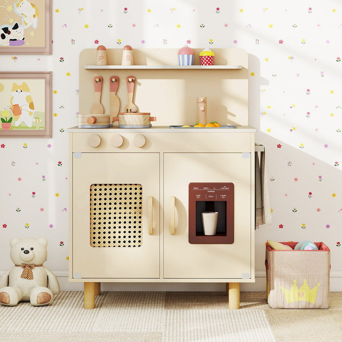 Wooden Pretend Kitchen Playset with Realistic Ice Maker-Yellow view 3