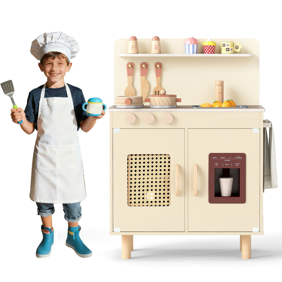 Wooden Pretend Kitchen Playset with Realistic Ice Maker-Yellow view 4