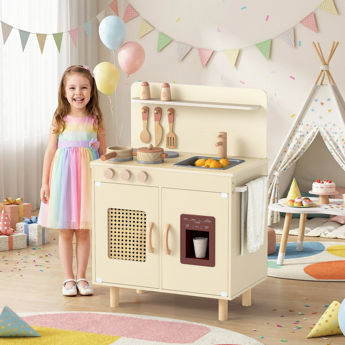 Wooden Pretend Kitchen Playset with Realistic Ice Maker-Yellow view 6