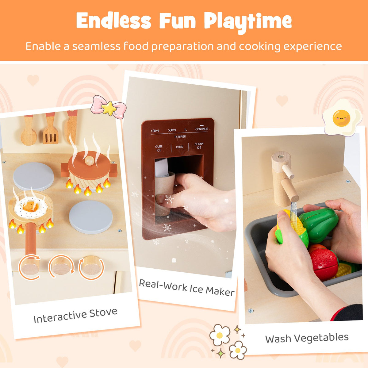 Wooden Pretend Kitchen Playset with Realistic Ice Maker-Yellow view 9