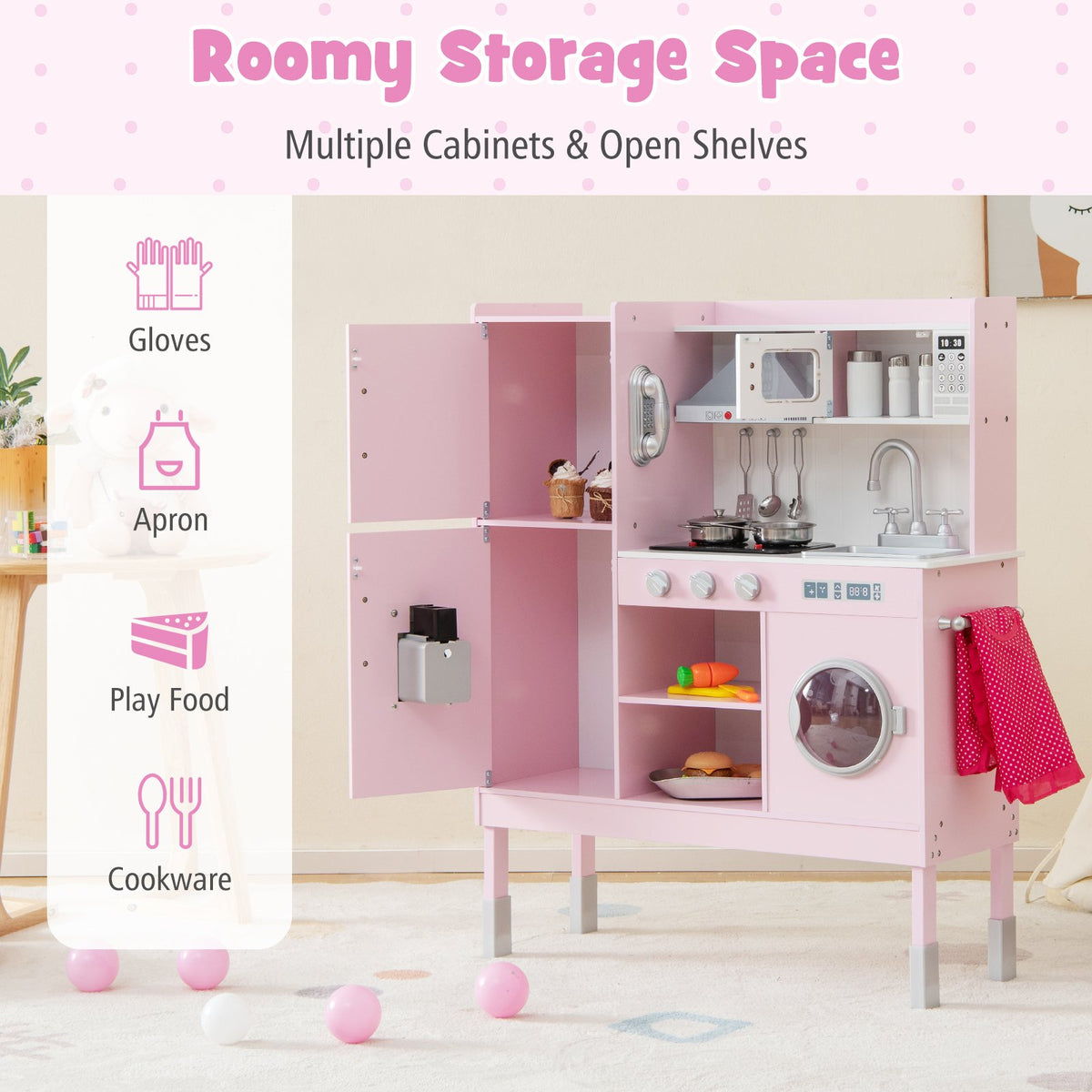 Pretend Play Kitchen for Kids with 16 Pieces Accessories-Pink view 6