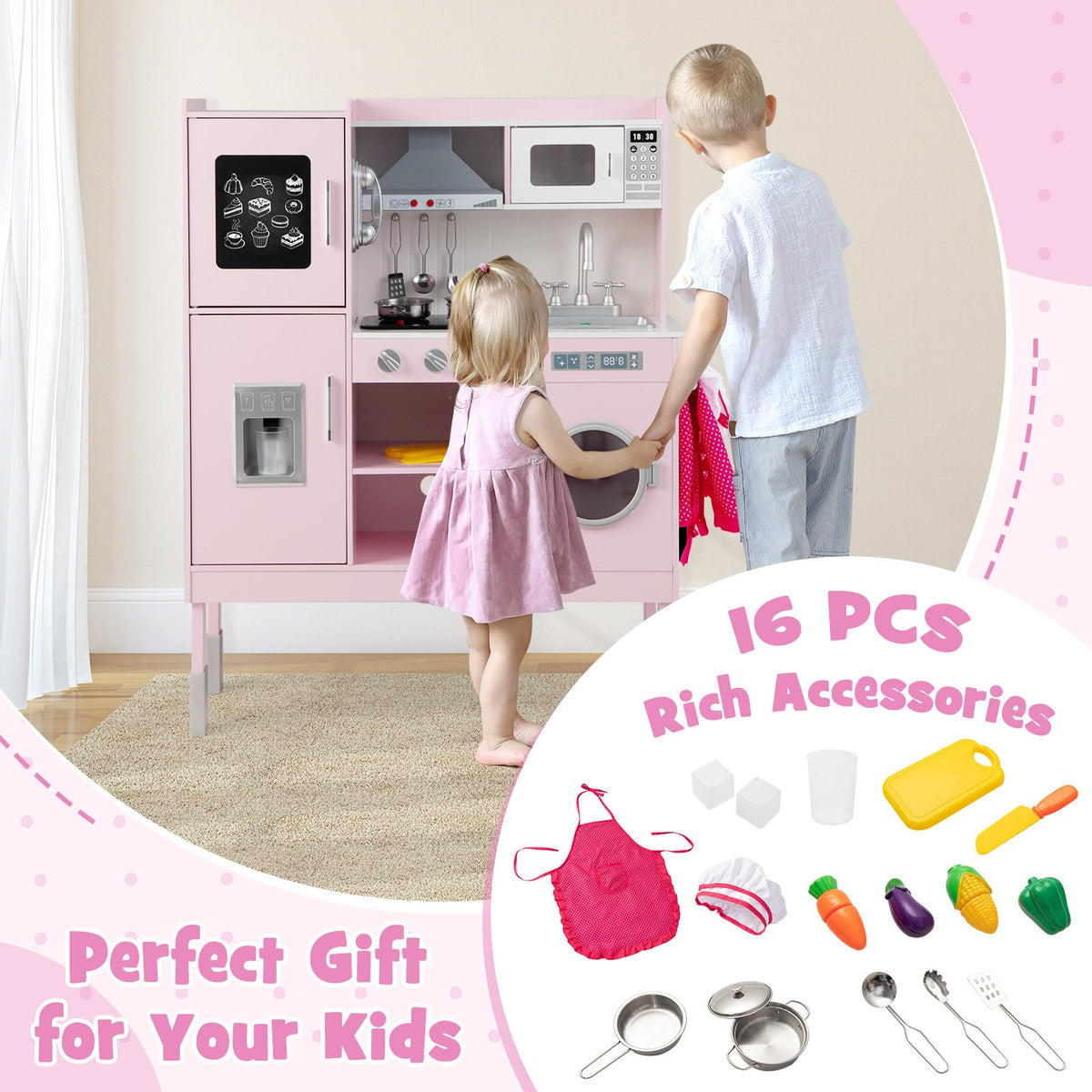 Pretend Play Kitchen for Kids with 16 Pieces Accessories-Pink view 7