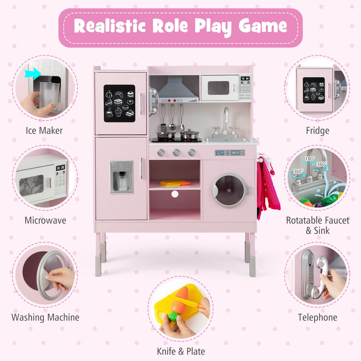Pretend Play Kitchen for Kids with 16 Pieces Accessories-Pink view 9