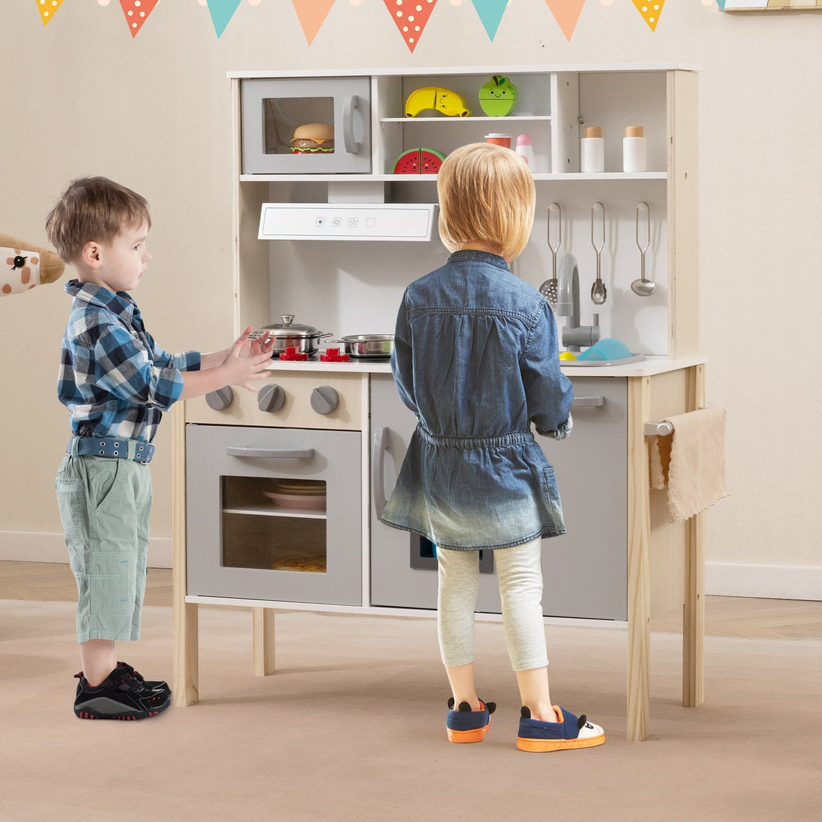 Wooden Pretend Play Kitchen Set for Toddlers-Gray view 2
