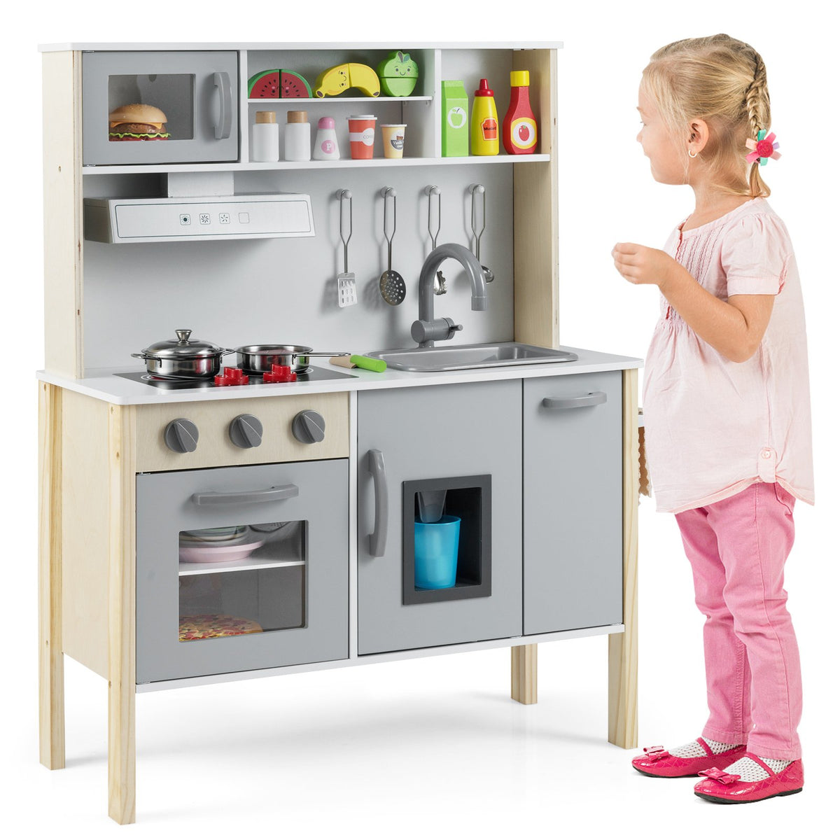 Wooden Pretend Play Kitchen Set for Toddlers-Gray view 3
