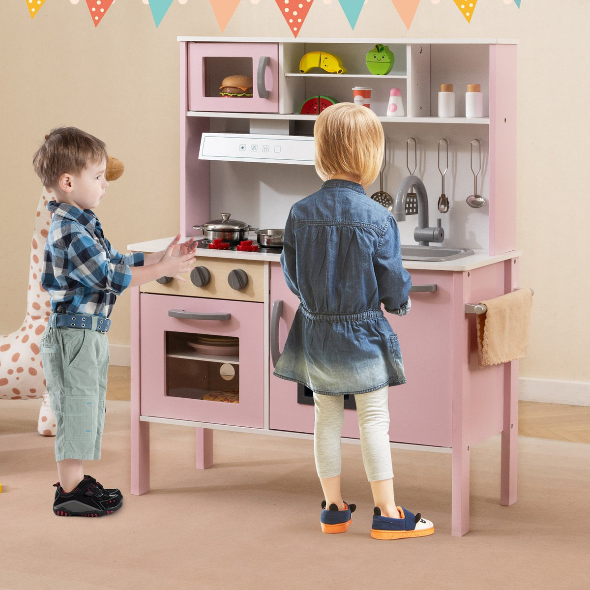 Wooden Pretend Play Kitchen Set for Toddlers-White and Pink view 2