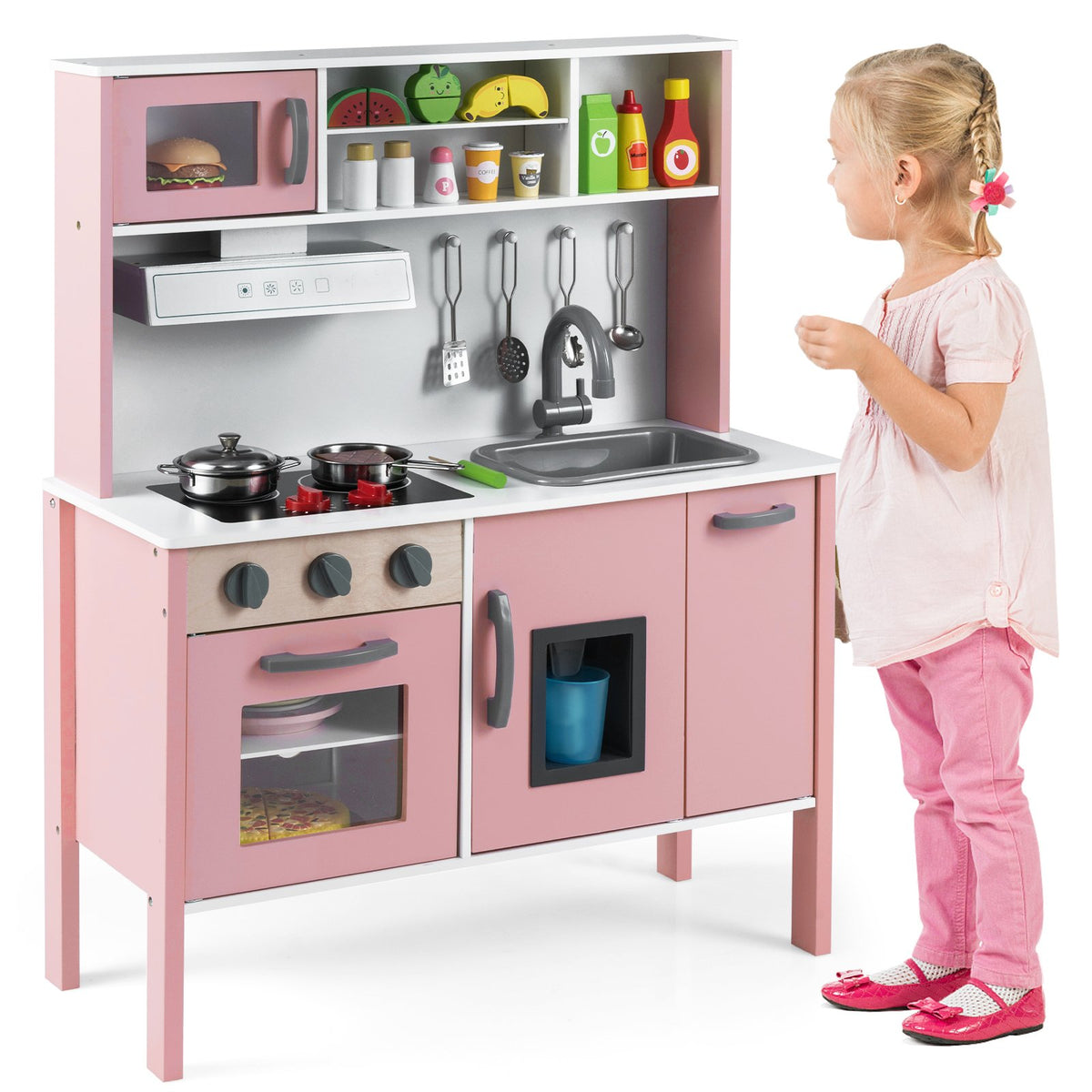 Wooden Pretend Play Kitchen Set for Toddlers-White and Pink view 3