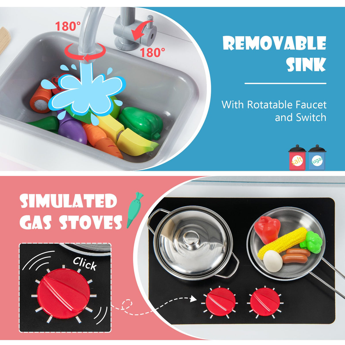 Wooden Pretend Play Kitchen Set for Toddlers-White and Pink view 6