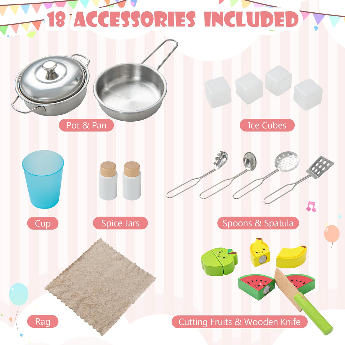 Wooden Pretend Play Kitchen Set for Toddlers-White and Pink view 8