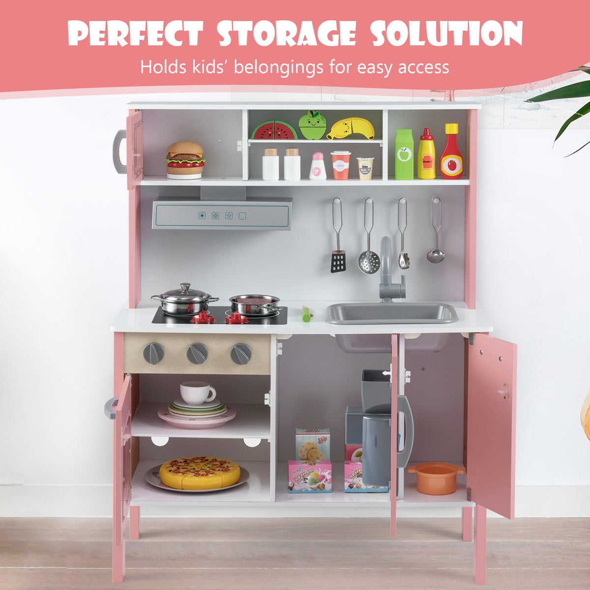 Wooden Pretend Play Kitchen Set for Toddlers-White and Pink view 9