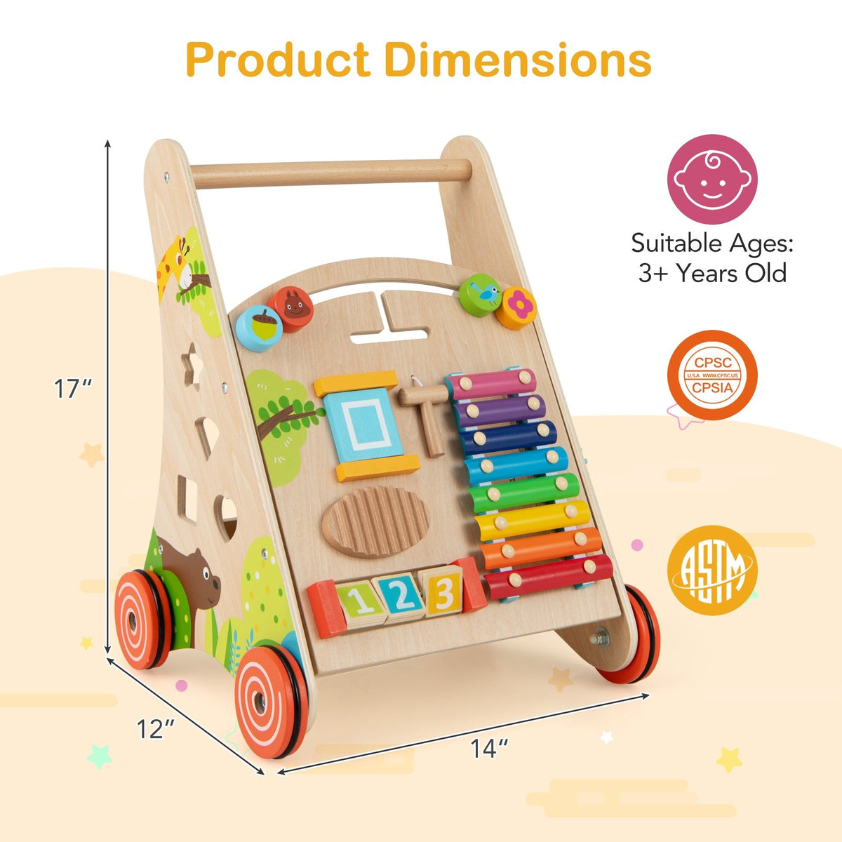 Wooden Push and Pull Baby Walker with Handle and Storage-Natural view 3