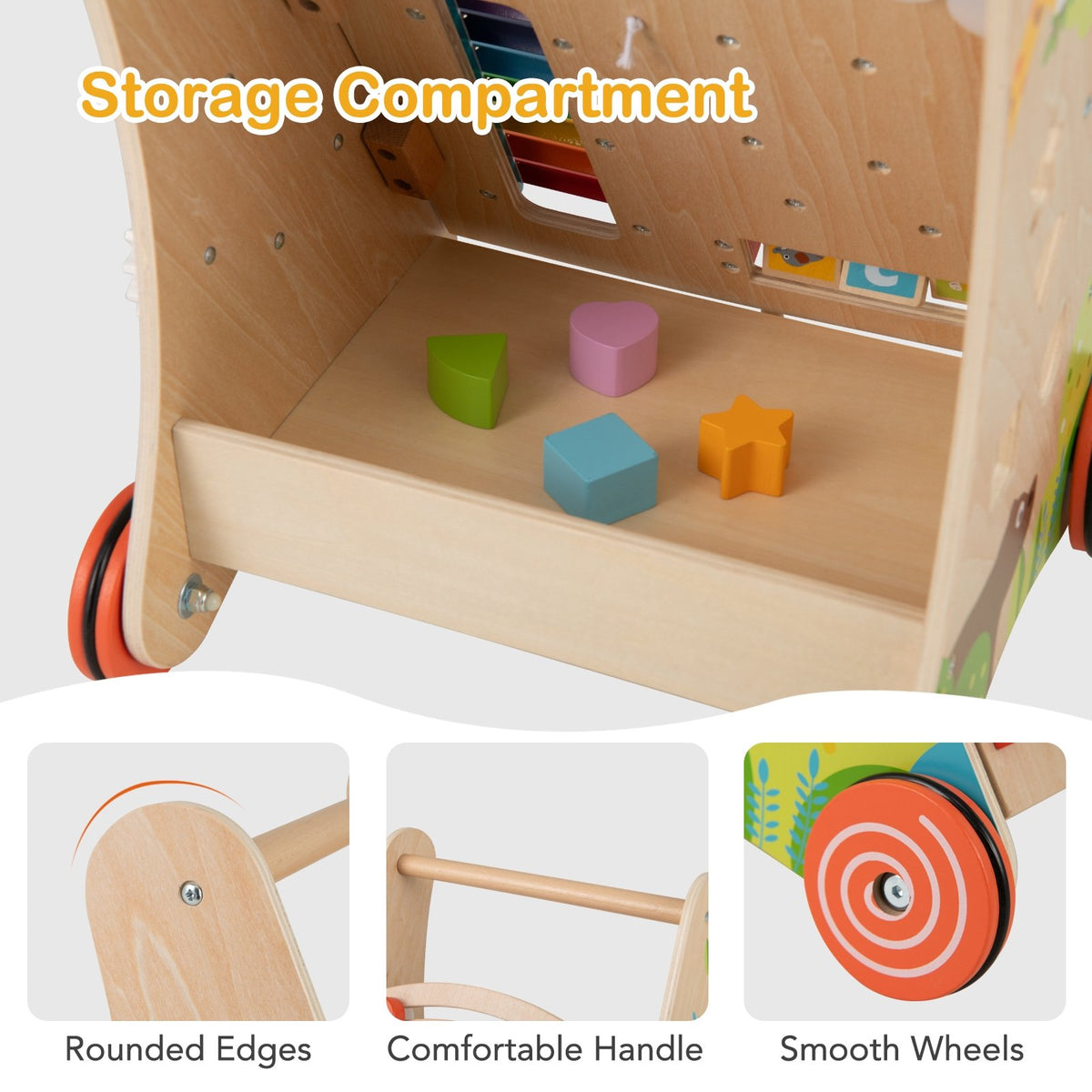 Wooden Push and Pull Baby Walker with Handle and Storage-Natural view 5